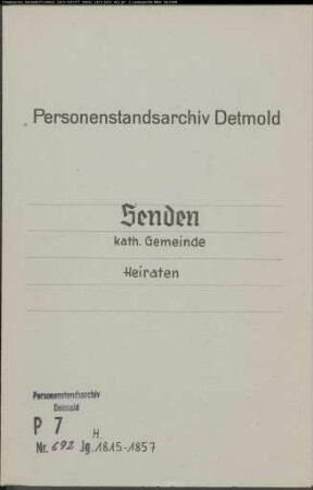 Kirchenbuchduplikate der Katholischen Gemeinde Senden (Heiraten 1815-1857). (Gemeinde: Senden, Katholische Gemeinde)