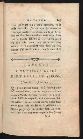 Reponse A Monsieur L'Abbé Bertinelli De Verone