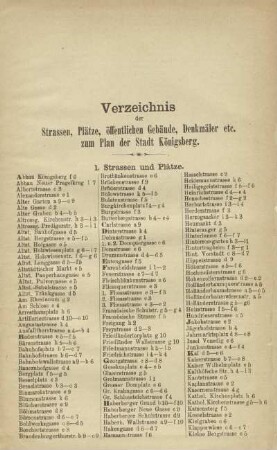 Verzeichnis der Strassen, Plätze, öffentlichen Gebäude, Denkmäler etc. zum Plan der Stadt Königsberg.