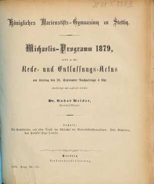 Michaelis-Programm : womit zu dem Rede- und Entlassungs-Actus ... ehrerbietigst und ergebenst einladet, 1878/79