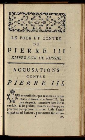 Le Pour Et Contre De Pierre III Empereur De Russie.