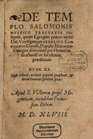 De Templo Salomonis Mystico Tractatvs Insignis : Nvme. XI. ; quis tribuat, ut omnis populos prophetet, et det eis Dominus spiritum suum?