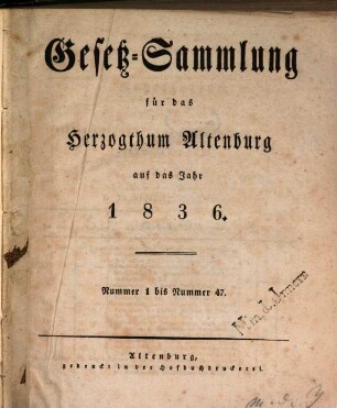 Gesetz-Sammlung für das Herzogthum Altenburg : auf das Jahr .... 1836