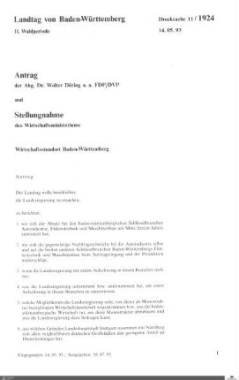 Antrag der FDP: Wirtschaftsstandort Baden-Württemberg