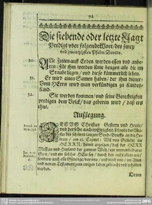 Die siebende oder letzte Jagt-Predigt uber folgende Wort, des zwey und zwantzigsten Psalm Davids