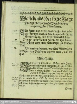Die siebende oder letzte Jagt-Predigt uber folgende Wort, des zwey und zwantzigsten Psalm Davids