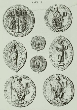 Siegel von Domkapitel und Bischöfen von Meißen : Meißen:, 1. Ältestes Siegel des Domkapitels, 2. Siegel des Domkapitels seit 1264 & 3. Kleineres Siegel des Domkapitels mit Rücksiegel & 4. Siegel des Domkapitels seit 1455 & 5. Siegel des Bischof Gerung (+1170) & 6. Siegel des Bischof Martin (+1190) & 7. Siegel des Bischof Dietrich (+1208) & 8. Siegel des Bischof Bruno II. (+ nach 1228). Tafel 1 aus: Gersdorf, E. C. (Hg.): Urkundenbuch des Hochstifts Meißen, 1. Bd., Leipzig 1864