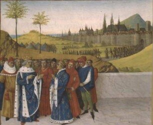 Grandes Chroniques de France — Guntram übergibt vor den Toren von Orléans sein Königreich an seinen Neffen Childebert 2., Folio 45 verso