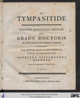 De Tympanitide : Specimen Inaugurale Medicum Pro Gradu Doctoris