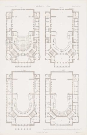 Stadttheater, Riga: Grundrisse EG, 1.Rang, 2.Rang, 3.Rang (aus: Atlas zur Zeitschrift für Bauwesen, hrsg. v. G. Erbkam, Jg. 19, 1869)