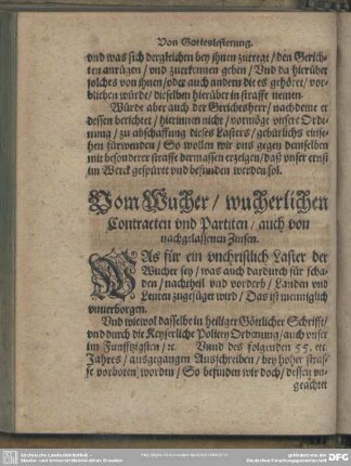 Vom Wucher, wucerlichen Contracten und Partiten, auch von nachgelassenen Zinsen