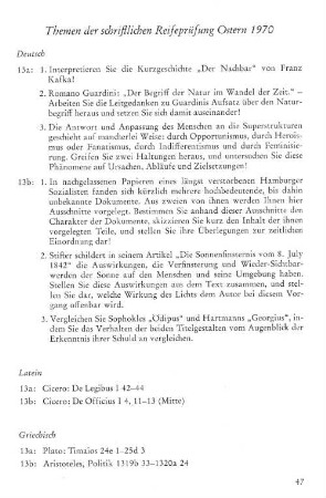 Themen der schriftlichen Reifeprüfung Ostern 1970