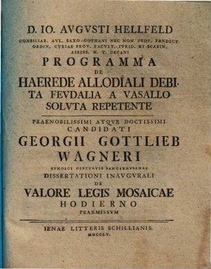 Programma de haerede allodiali debita feudalia a vasallo soluta repetente