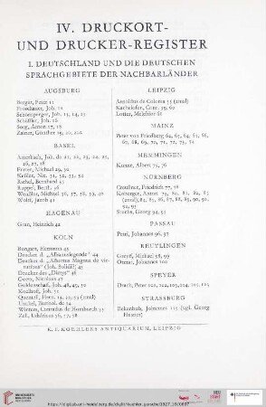 IV. Druckort- und Drucker-Register