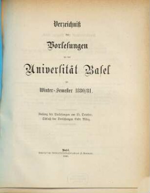 Verzeichnis der Vorlesungen. 1880/81. WS.