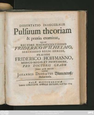 Dissertatio Inauguralis Pulsuum Theoriam & praxin examinat