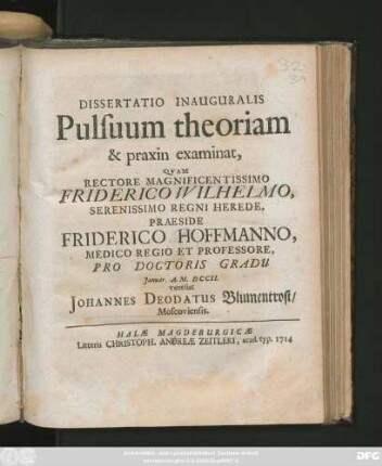 Dissertatio Inauguralis Pulsuum Theoriam & praxin examinat