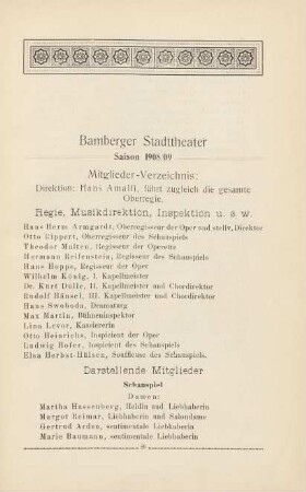 Bamberger Stadttheater Saison 1908/09. Mitglieder-Verzeichnis: