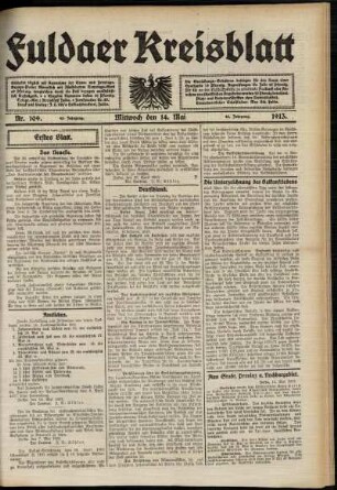 Erste Ausgabe vom Mittwoch, den 14. Mai 1913.