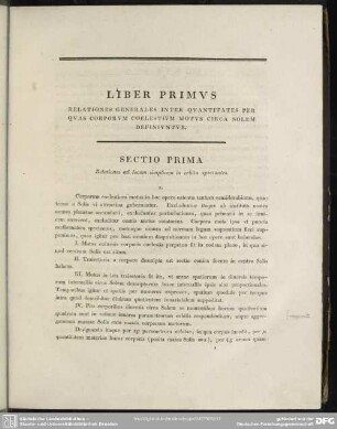 Liber Primus. Relationes generales inter quantitates per quas corporum coelestium motus circa solem definiuntur