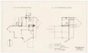 Schmitz-Häuser, Biberach/Riss Wohnhaus Werner Schmitz: Grundriss Hauptgeschoss, 2. Untergeschoss (mit Eintragungen der Kalt- und Warmwasserversorgung) 1:100