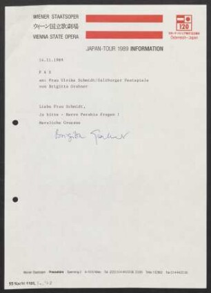 Brief an Ulrike Schmidt an Salzburger Festspiele, 14.11.1989