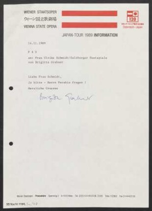 Brief an Ulrike Schmidt an Salzburger Festspiele, 14.11.1989