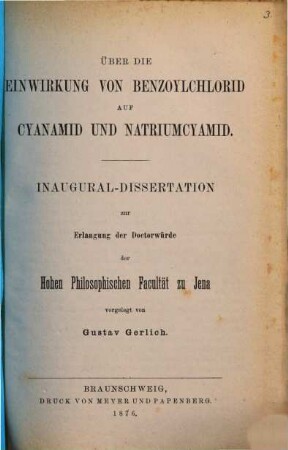 Über die Wirkung von Benzoylchlorid auf Cyanamid und Natriumcyamid : Inaug. Diss. d. Un. Jena