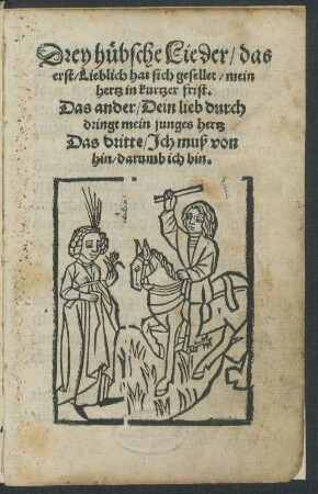 Drey huebsche Lieder/ das || erst/ Lieblich hat sich gesellet/ mein || hertz in kurtzer frist.|| Das ander/ Dein lieb durch||dringt mein junges hertz || Das dritte/ Jch muß von || hin/ darumb ich bin.||