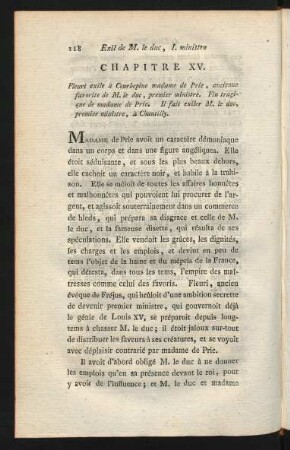 Chapitre XV. Fleuri exile à Courbepine madame de Prie, ancienne favorite de M. le duc, premier ministre ...