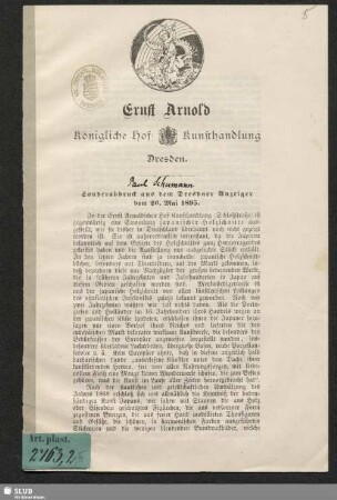 Ernst Arnold Königliche Hof-Kunsthandlung. Sonderabdruck aus dem Dresdner Anzeiger vom 26. Mai 1895