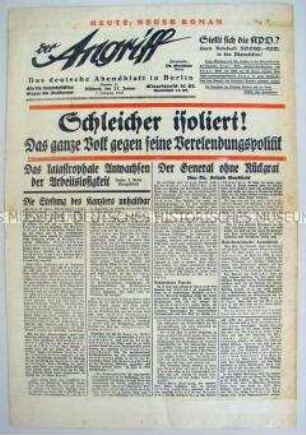 Berliner NS-Tageszeitung Abendblatt "Der Angriff" zur Regierungskrise vor der Ernennnung Hitlers zum Reichskanzler