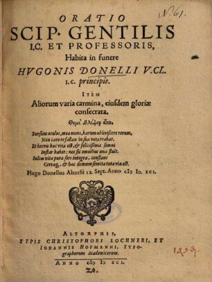 Oratio Scip. Gentilis ... habita in funere Hugonis Donelli v. cl. I. C. principis