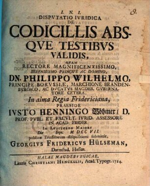 Dispvtatio Ivridica De Codicillis Absqve Testibvs Validis