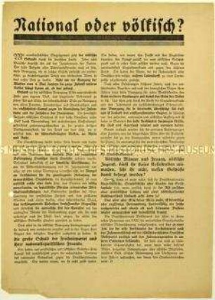 Flugblatt der Deutschnationalen Volkspartei zur deutschvölkischen Bewegung und Aufruf zur Reichstagswahl am 4. Mai 1924