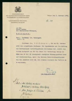 Korrespondenz bezügl. d. Bezüge Villingers