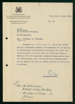 Korrespondenz bezügl. d. Bezüge Villingers