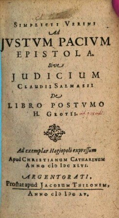 Simplicii Verini ad Iustum Pacium Epistola ...