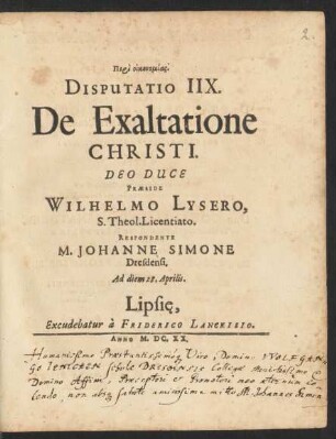 Disputatio IIX. De Exaltatione Christi