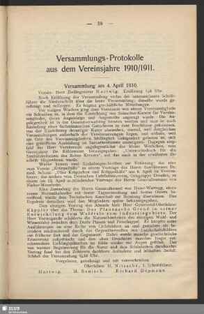 Versammlungs-Protokolle aus dem Vereinsjahre 1910/1911