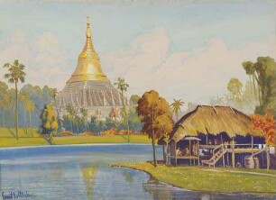 Die Goldpagode bei Rangoon (Burma), vom Park gesehen