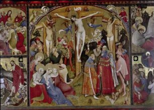 Wildunger Altar — Altar im geöffneten Zustand — Abendmahl, Christus am Ölberg, Kreuzigung, Auferstehung und Himmelfahrt