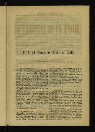 Carta del Obispa de Rode; al Autor.