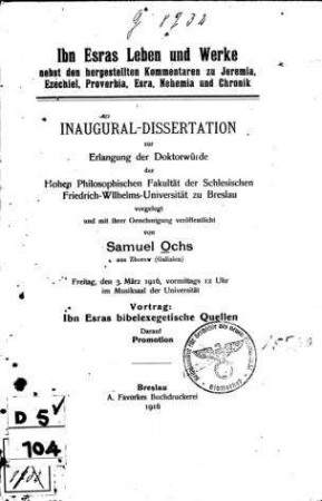 Ibn Esras Leben und Werke : nebst den hergestellten Kommentaren zu Jeremia, Ezechiel, Proverbia, Esra, Nehemia und Chronik / von Samuel Ochs