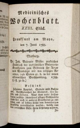 XXIII. Stück. Frankfurt am Mayn, den 7. Junii 1788. - XXVI. Stück. Frankfurt am Mayn, den 28. Junii 1788.