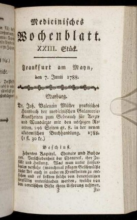 XXIII. Stück. Frankfurt am Mayn, den 7. Junii 1788. - XXVI. Stück. Frankfurt am Mayn, den 28. Junii 1788.