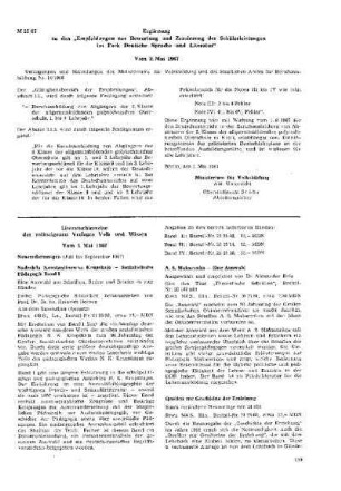 Ergänzung zu den "Empfehlungen zur Bewertung und Zensierung der Schülerleistungen im Fach Deutsche Sprache und Literatur" : 25/67 vom 2. Mai 1967 ; [Mitteilungen]