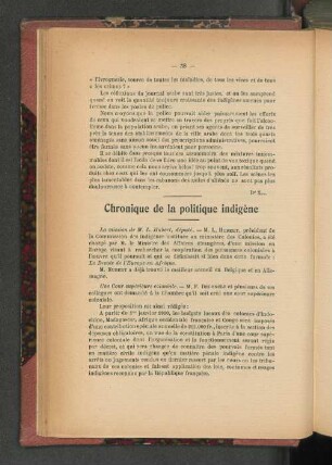 Chronique de la politique indigène.