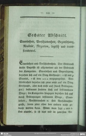 Sechster Abschnitt. Einerleiheit, Verschiedenheit, Gegensetzung, Realität, Regation, logisch und transscendental