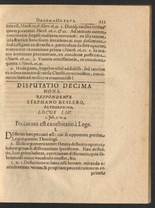 Disputatio Decima Nona. Respondente Stephano Beslero, ...